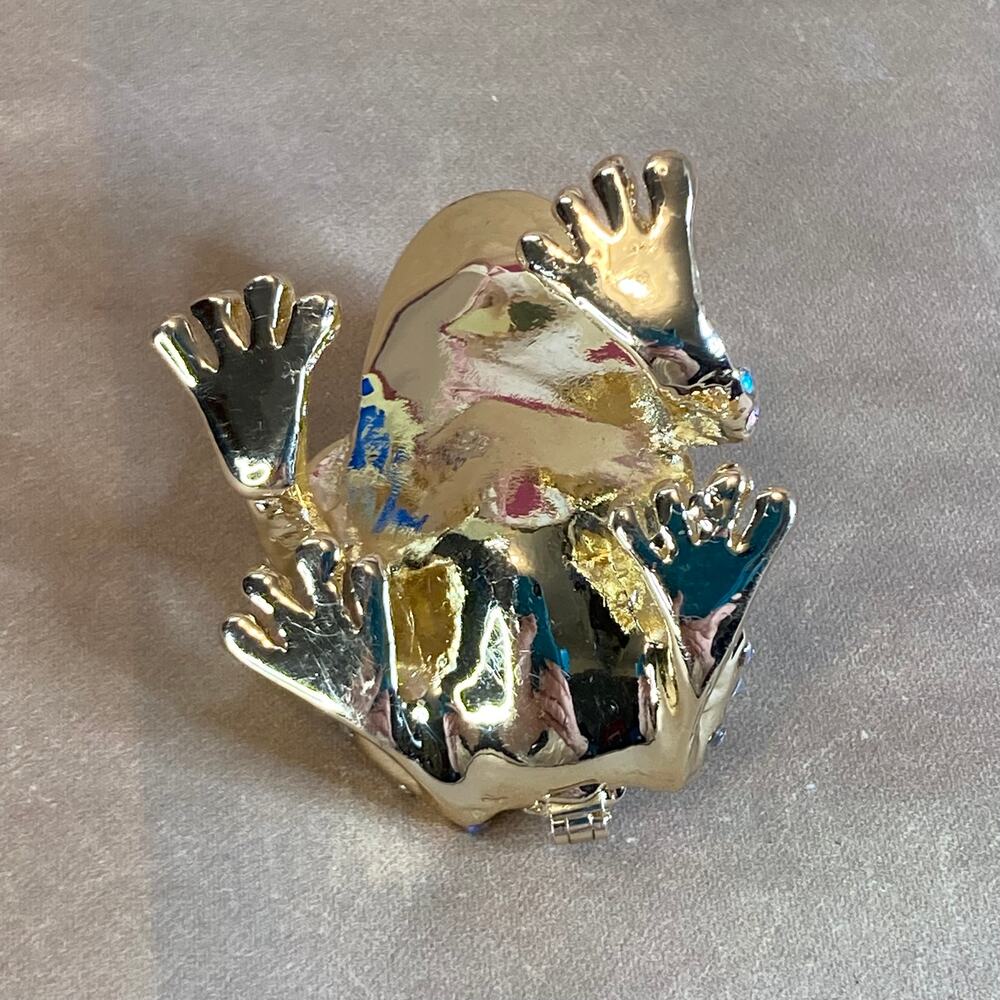 Gold Tone and Green Enamel Frog Prince Trinket Box w/Aurora Borealis Crystals - Picture 8 of 8